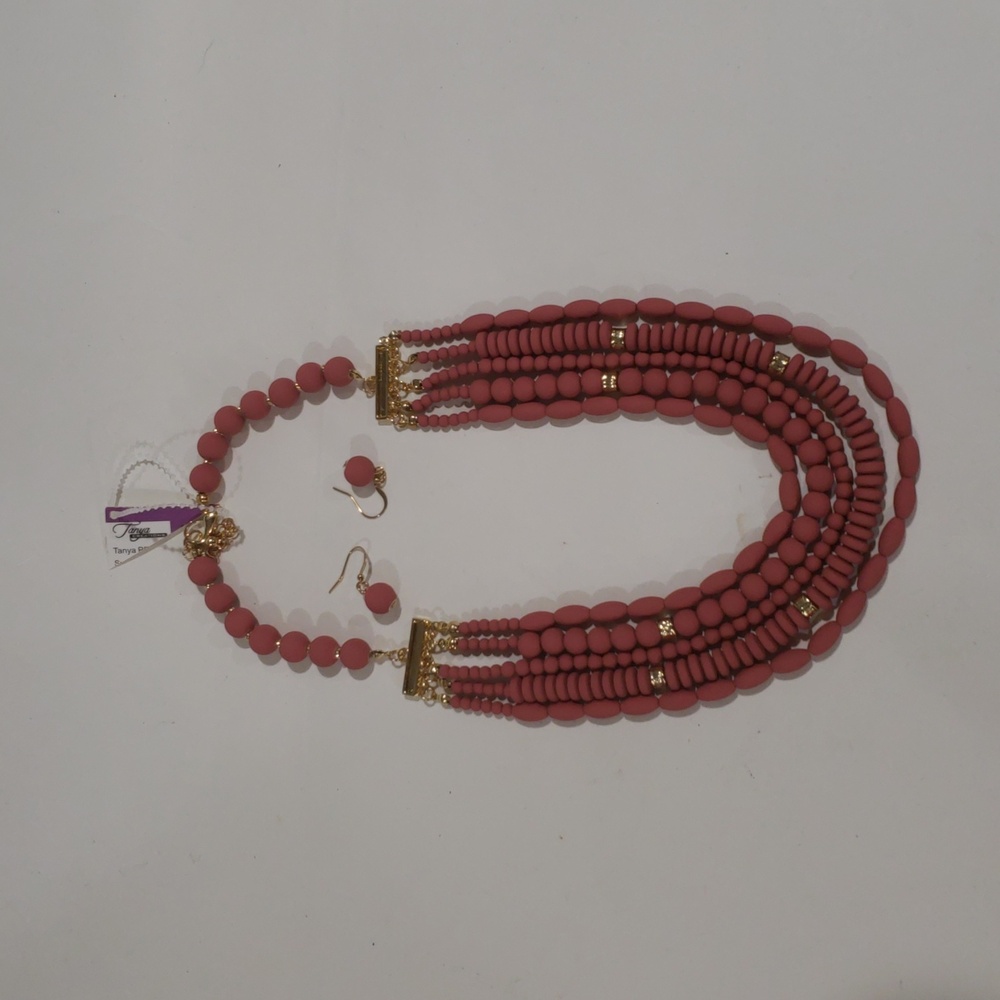 Matte Coral Multi-Strand Necklace & Earrings Set – Gold Beaded Layered Statement - Picture 13 of 13